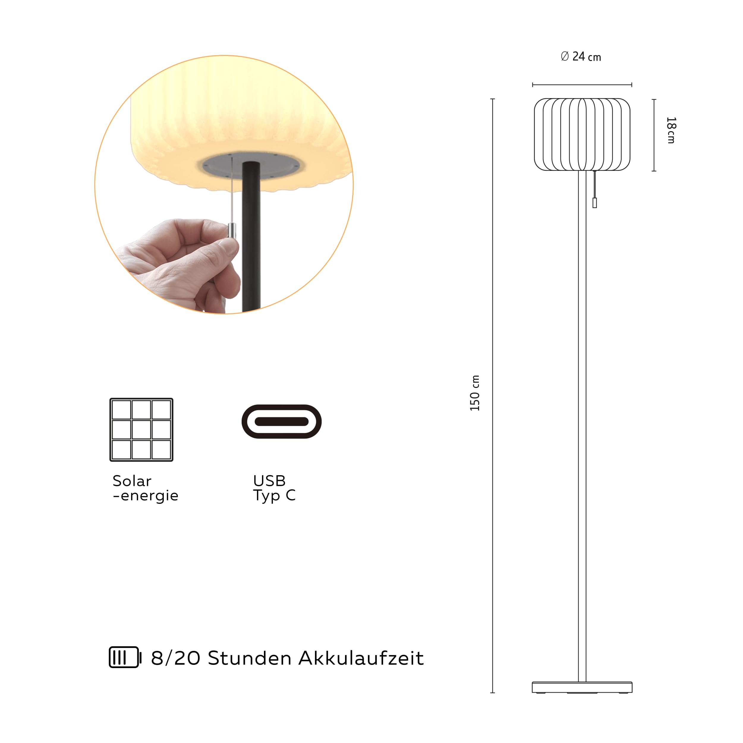 calex-latina-outdoor-stehlampe-150cm-solar-usb-c-rgb-warmwei-dimmbar-ip44 image 5